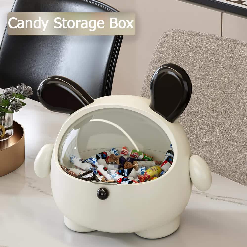 Mini puppy desktop storage bin with lid, open and filled with small candies