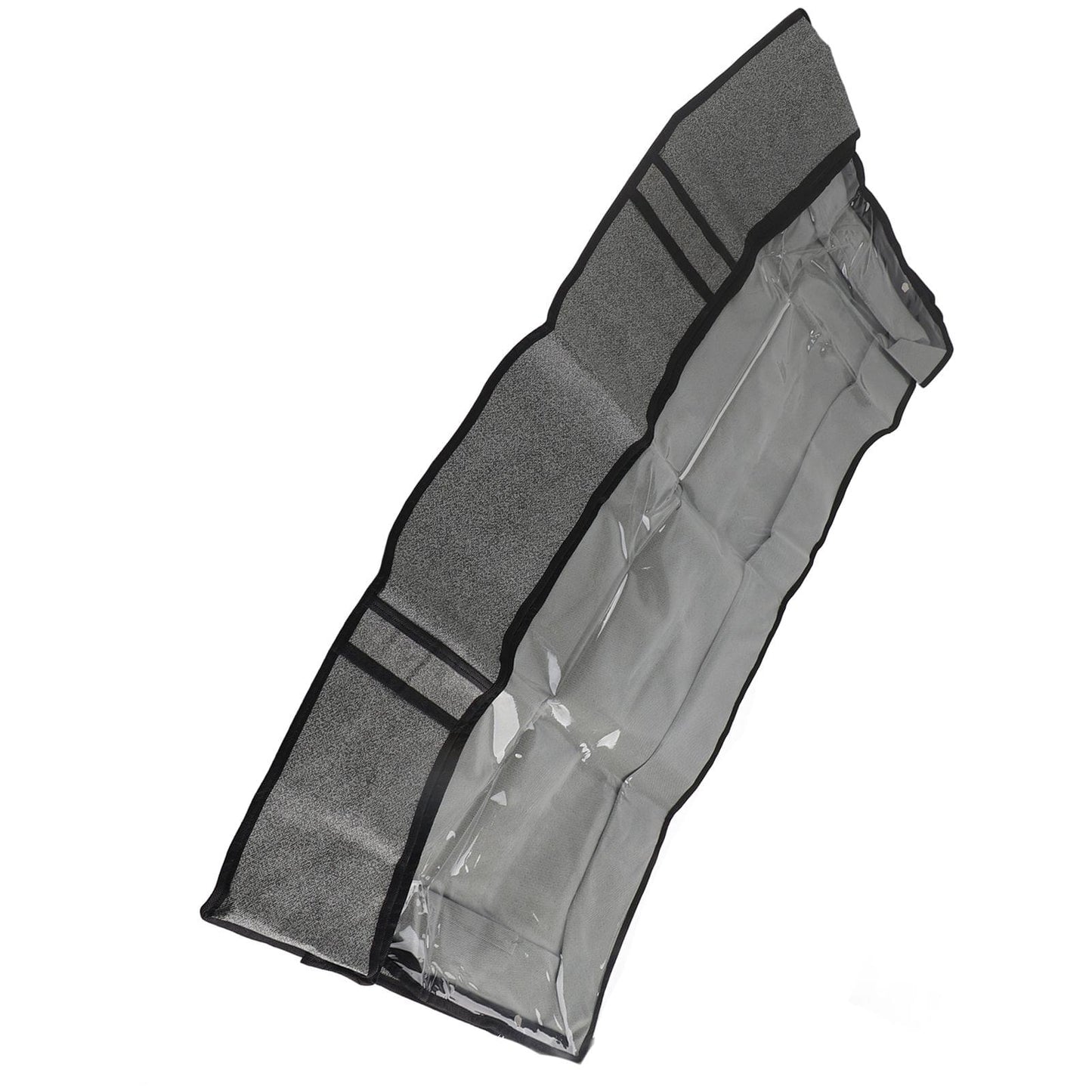 Clothes storage bag with clear window pocket and black border, angled view