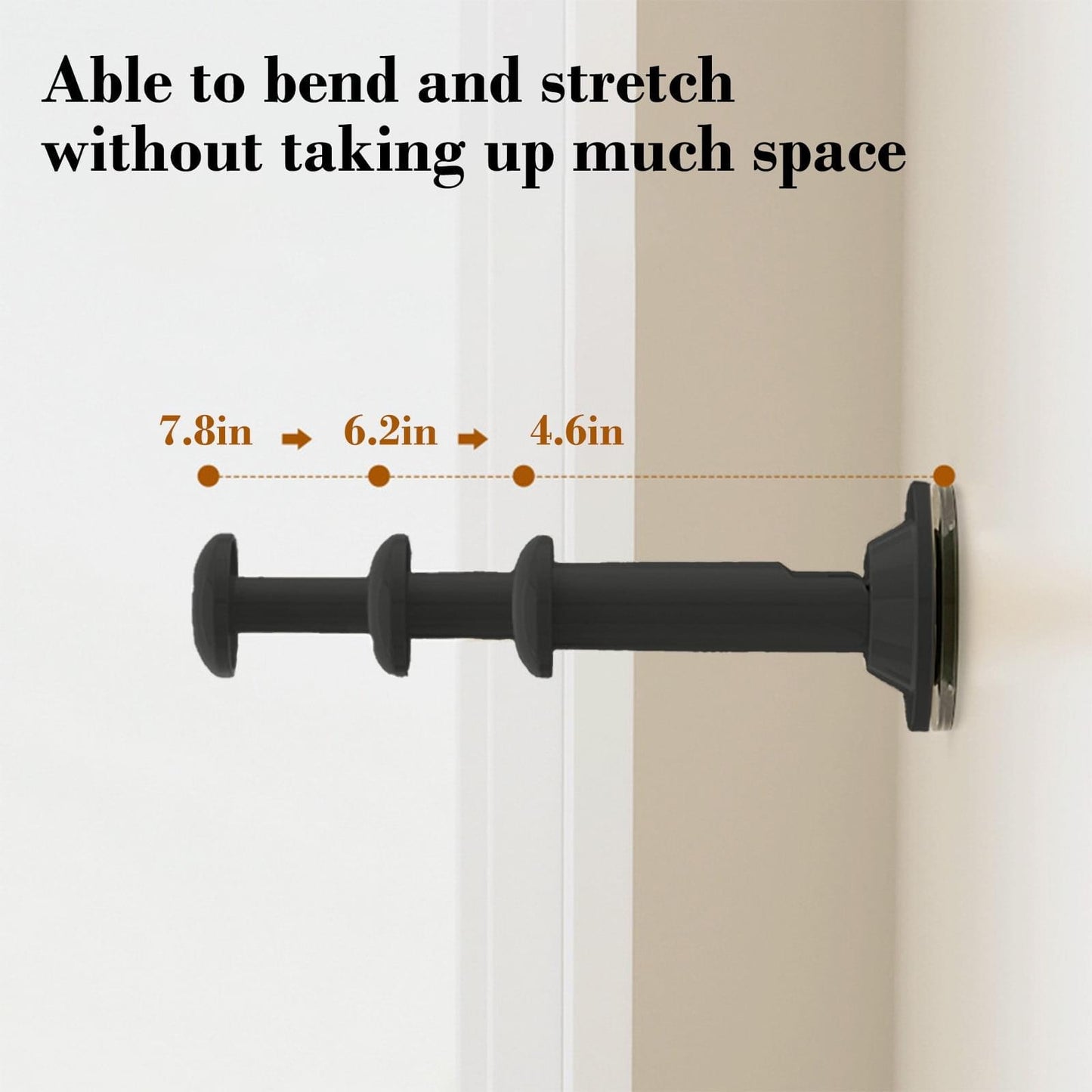 Extendable telescoping clothes hanger rack with dark gray suction-cup bar and bent arms