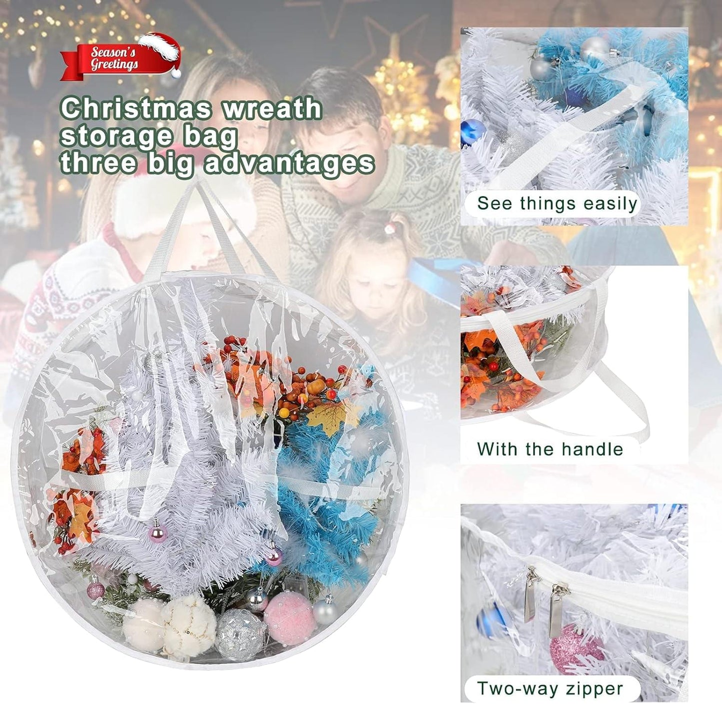 Clear round wreath storage bag with white handle, holds a Christmas wreath