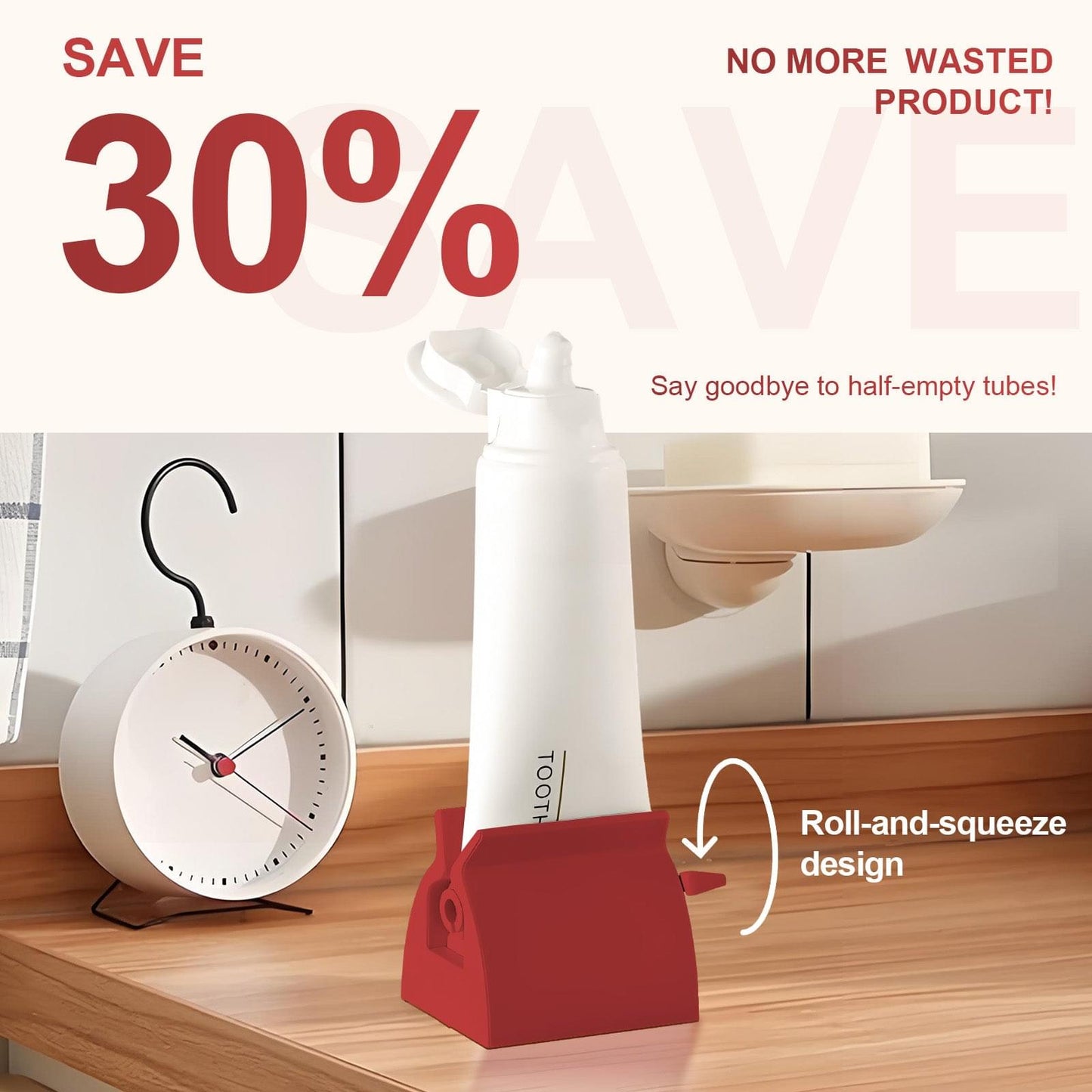 Toothpaste rolling dispenser squeezer with red base and white tube holder