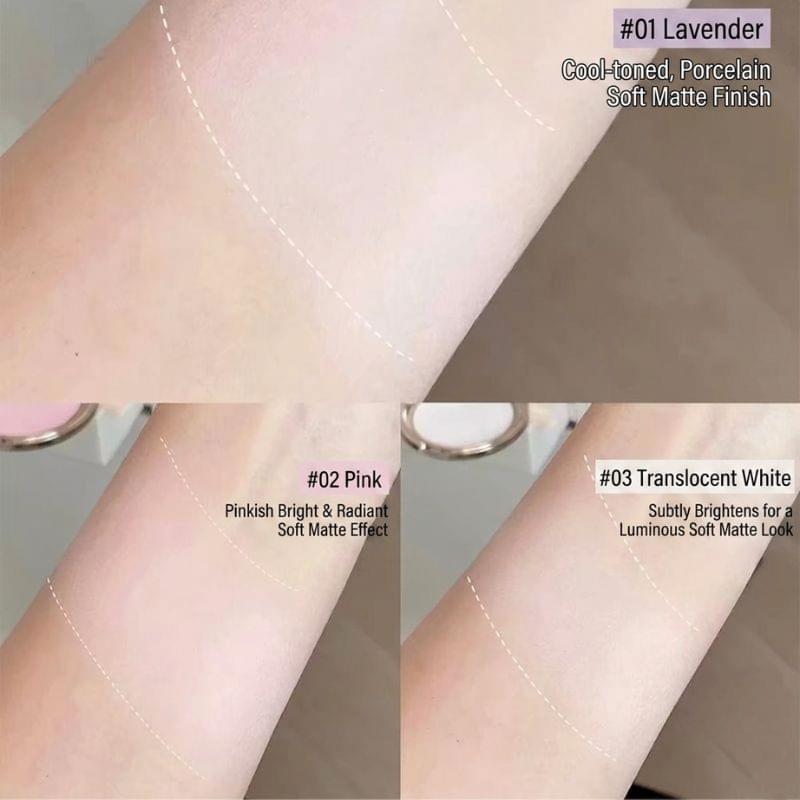 Matte pressed powder swatches on skin in lavender, pink, and translucent white shades.
