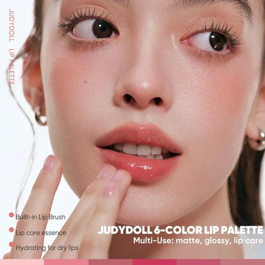 JUDYDOLL 6-color lip palette used on lips with glossy, rosy finish
