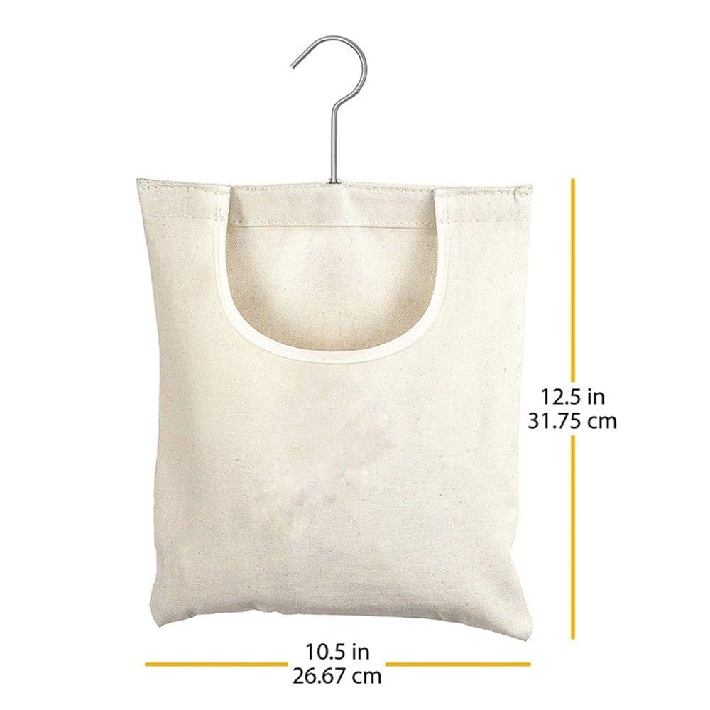 Beige canvas clothespin hanging bag with handle loop, 26.67 cm x 31.75 cm