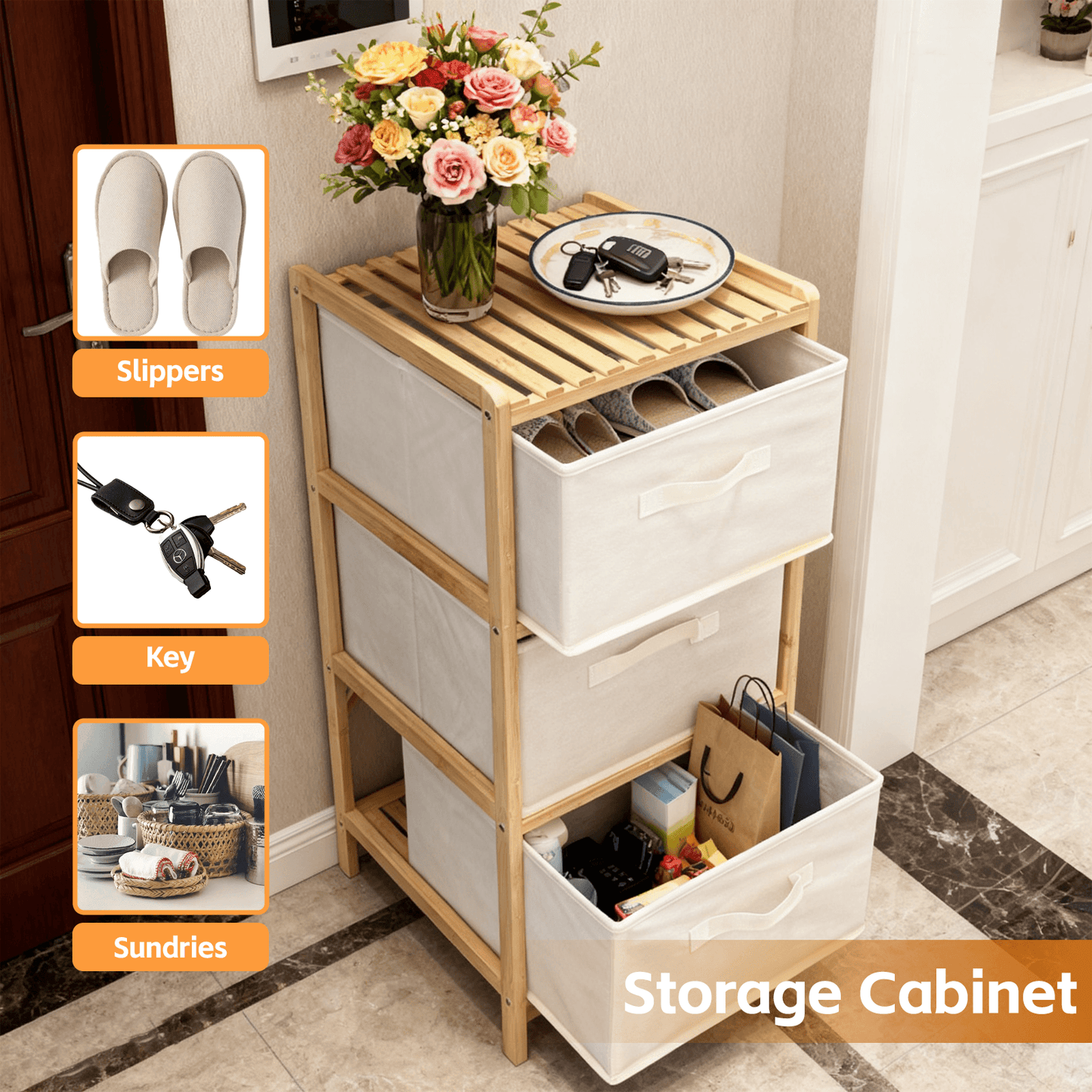Bamboo storage cabinet with three fabric drawers for shoes and keys