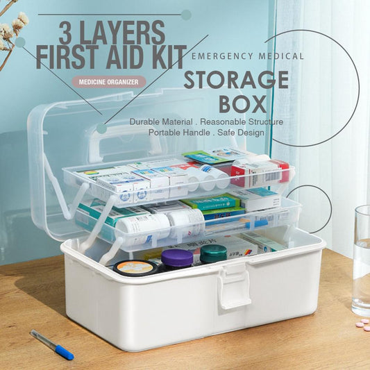 Open three-layer first aid kit storage box with compartments and medical packets
