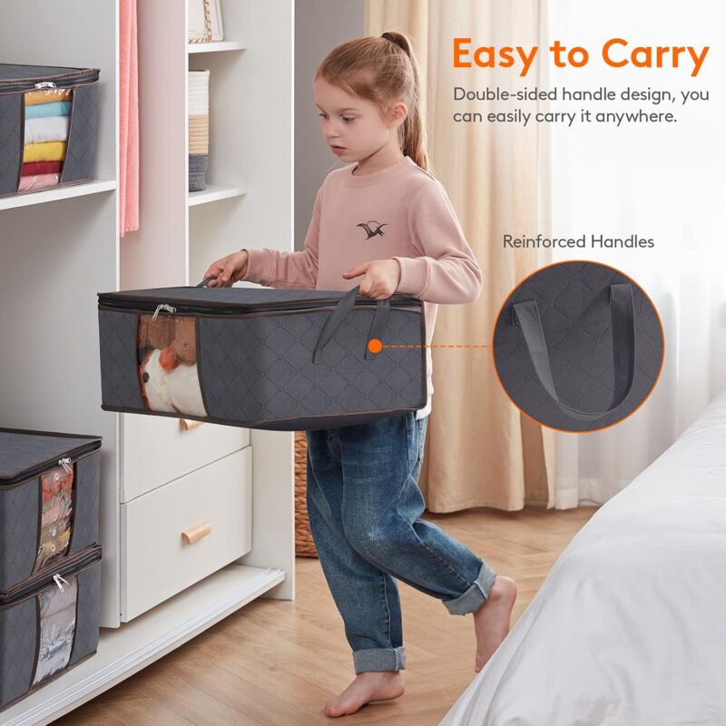 3 Pack 35L Clothes Storage Bag, Foldable Underbed Storage Box, Quilt Storage Cover Closet Organizer, Clear Window In