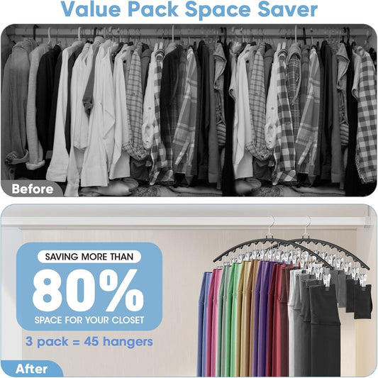 Closet hanging organizer with arched black hangers and clips, holding pants neatly.