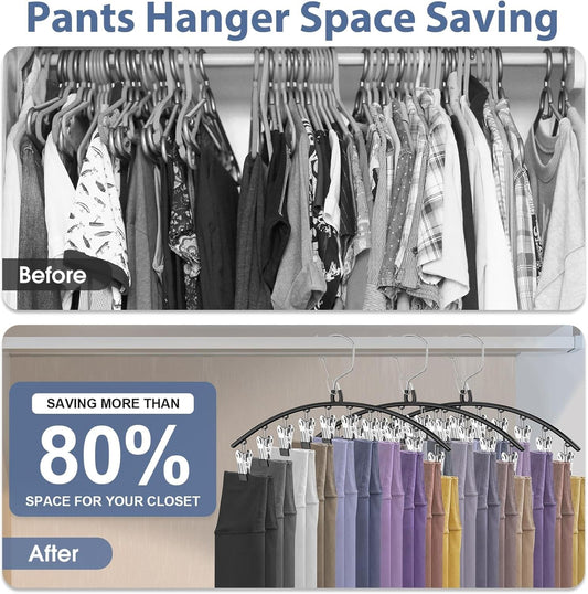 Closet organizing pants hanger set with arched frames and multiple clip points