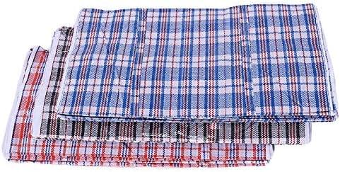 Set of plaid storage bags, folded and stacked, with zipper openings