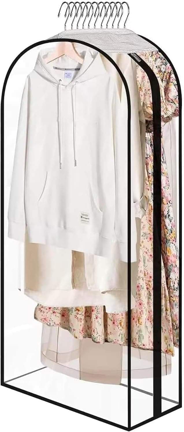Transparent garment storage bag with zipper, holding a white hoodie inside