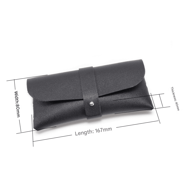 Black PU leather eyeglass case pouch, 167mm long, fold-over flap with strap clasp
