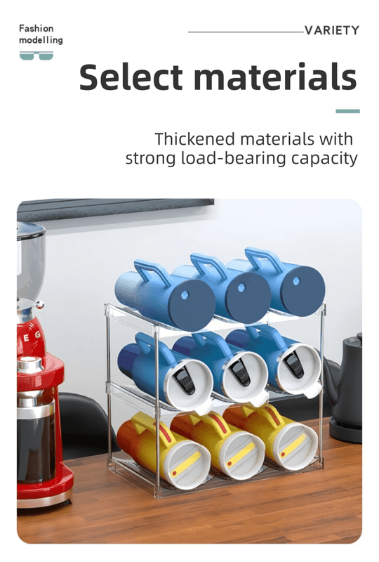 Transparent 3-tier rack with blue tumbler cups and white cup inserts