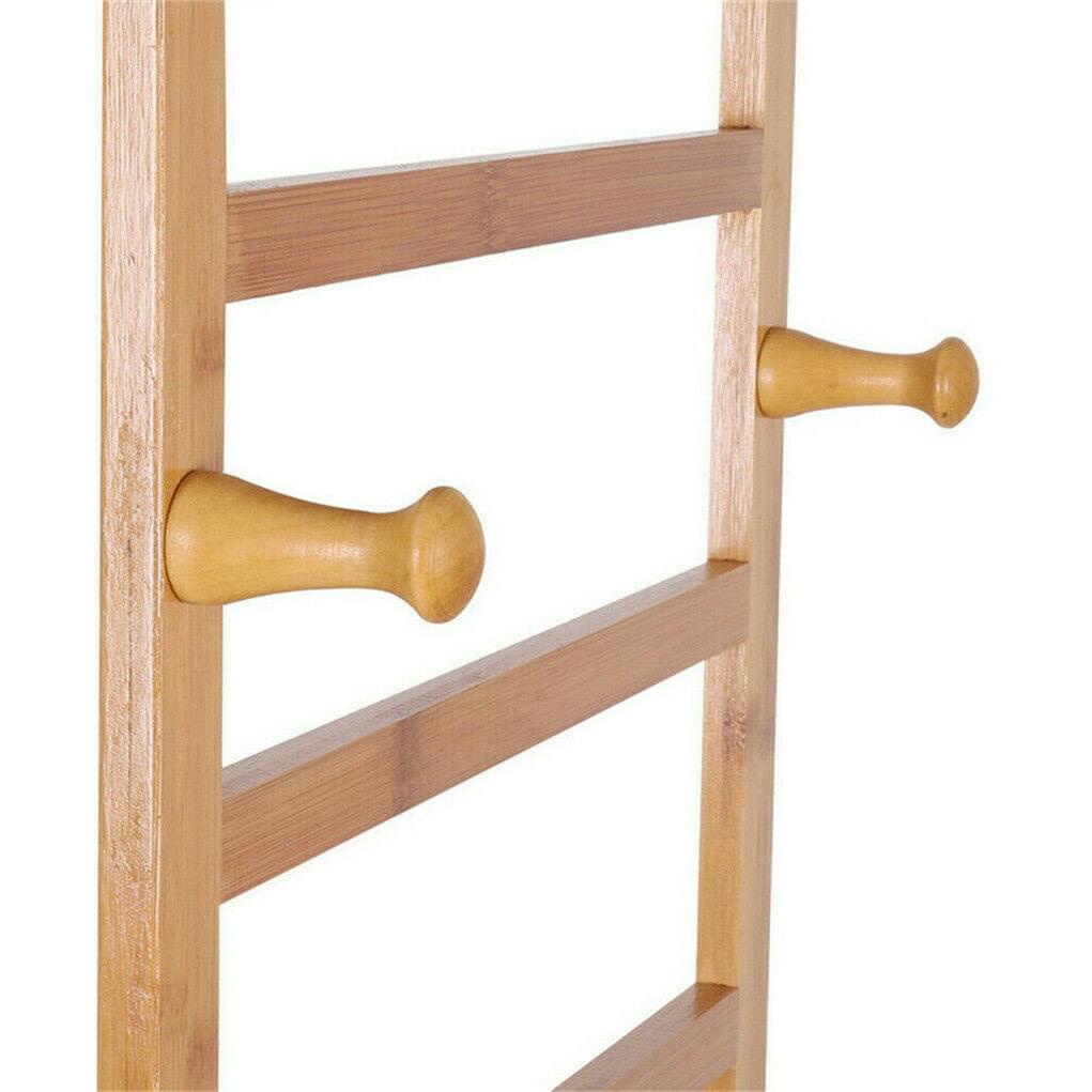 Wooden rack with round peg hooks on the side frame and tiered shelving support