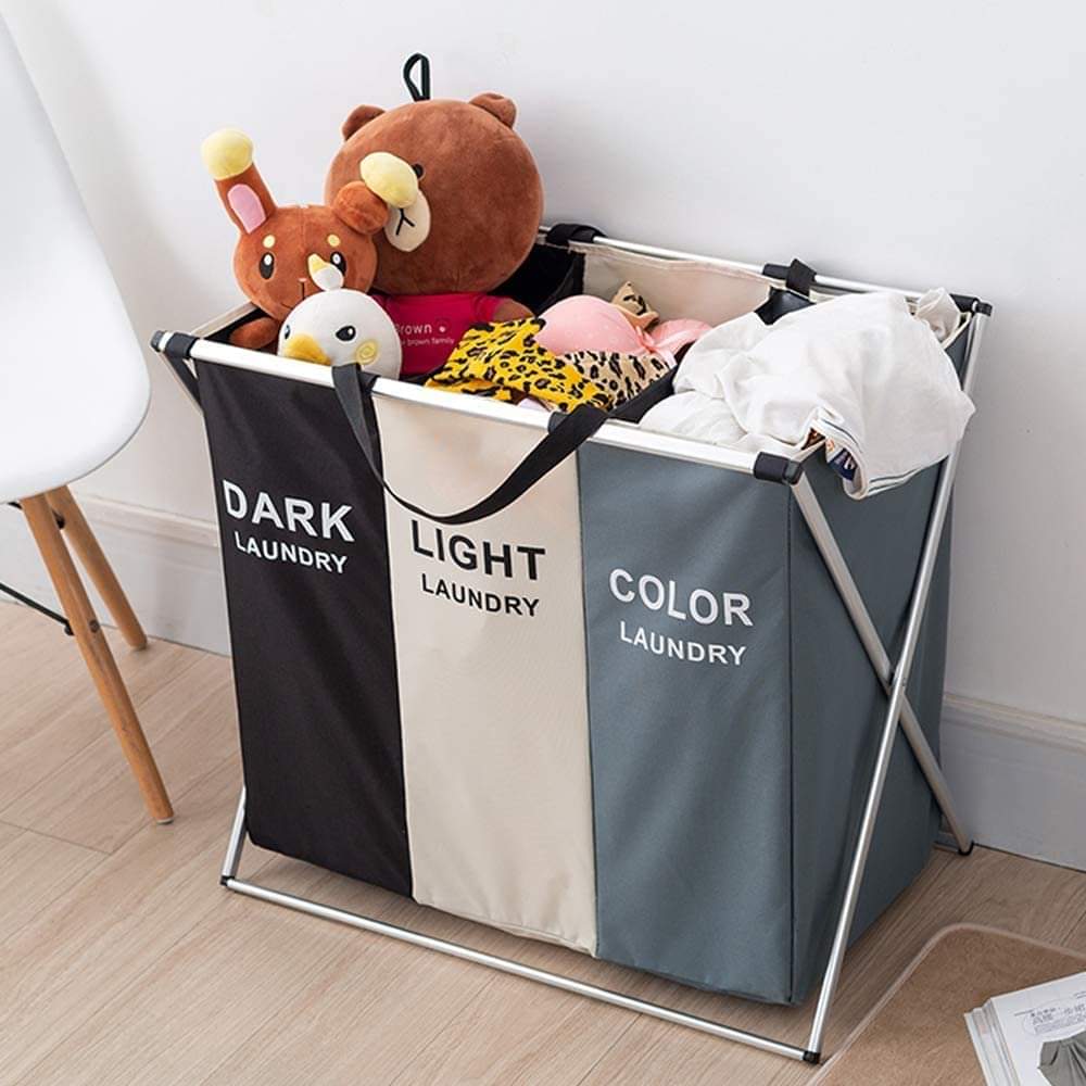 Laundry hamper basket with three labeled compartments and handles: dark, light, color