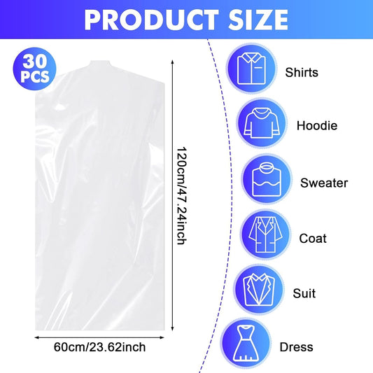 Garment bag size diagram: 60 x 120 cm, 30-pack suit and dress covers.