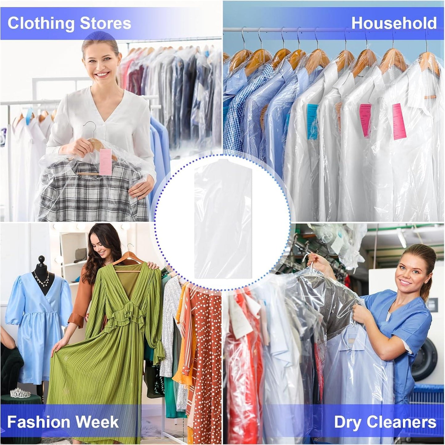 Clear suit storage garment bags used in clothing shops and home closets.