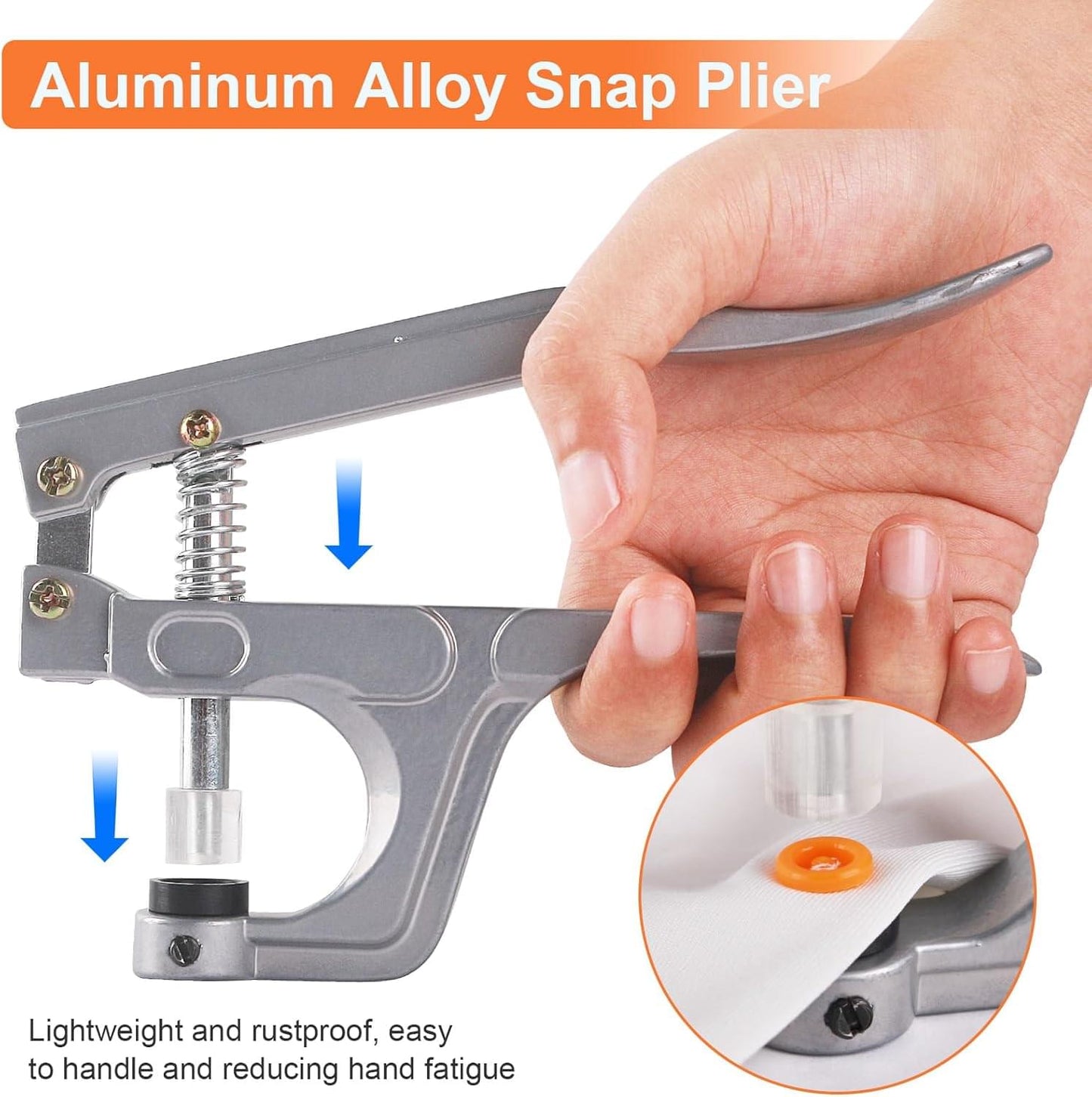 Aluminum snap button plier held in hand, lightweight rust-resistant tool