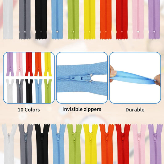 Mixed-color nylon coil zippers arranged with zipper tape and metal pulls shown