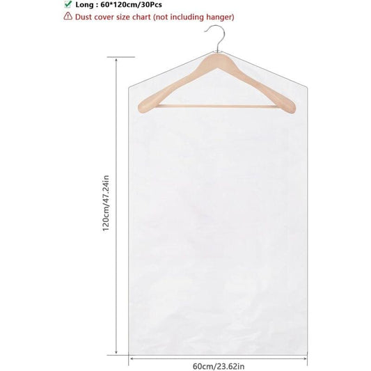 Transparent dust cover pouch with wooden hanger for storing a dress or coat