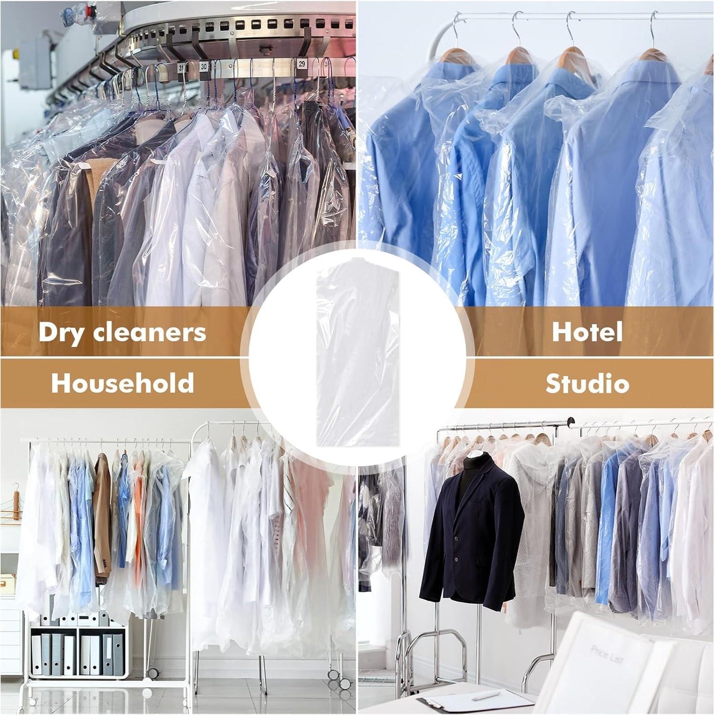Clear plastic garment covers on multiple hangers, dustproof clothing storage