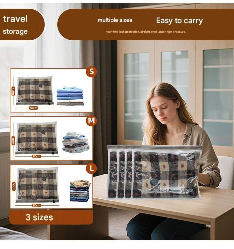 Vacuum compression bag set with multiple sizes for travel storage, shown on a table.