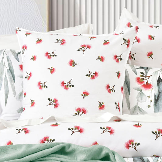 Kids quilt cover set, white pillow fronts with small birds and red flower print