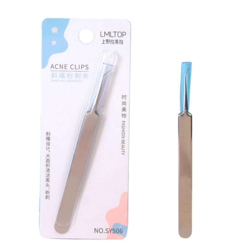 Stainless steel slant tweezer with blue-tipped ends