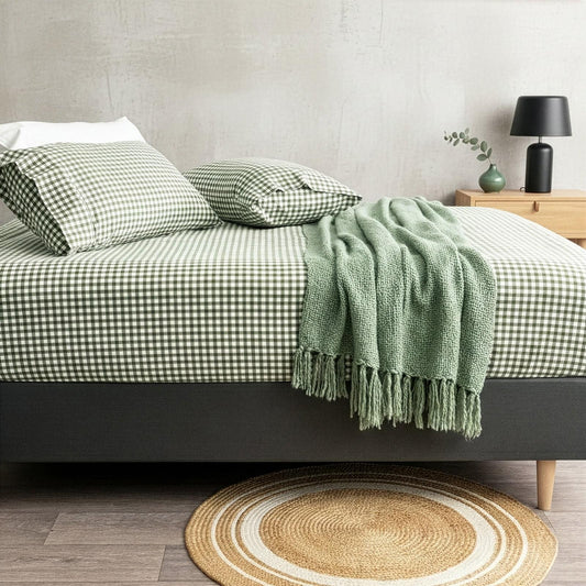 Green gingham check kids fitted sheet with matching pillowcases and throw