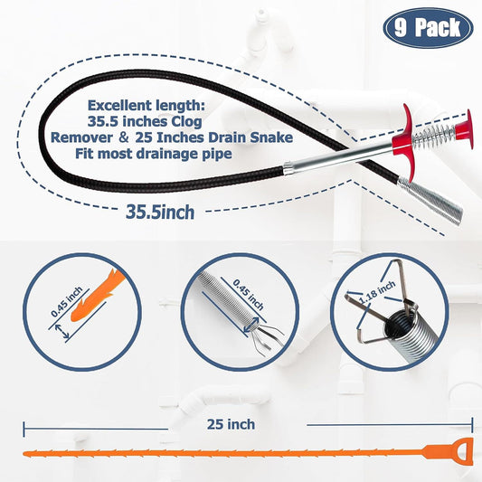 Drain snake auger kit with black flexible cord, orange coil insert, and red crank handle