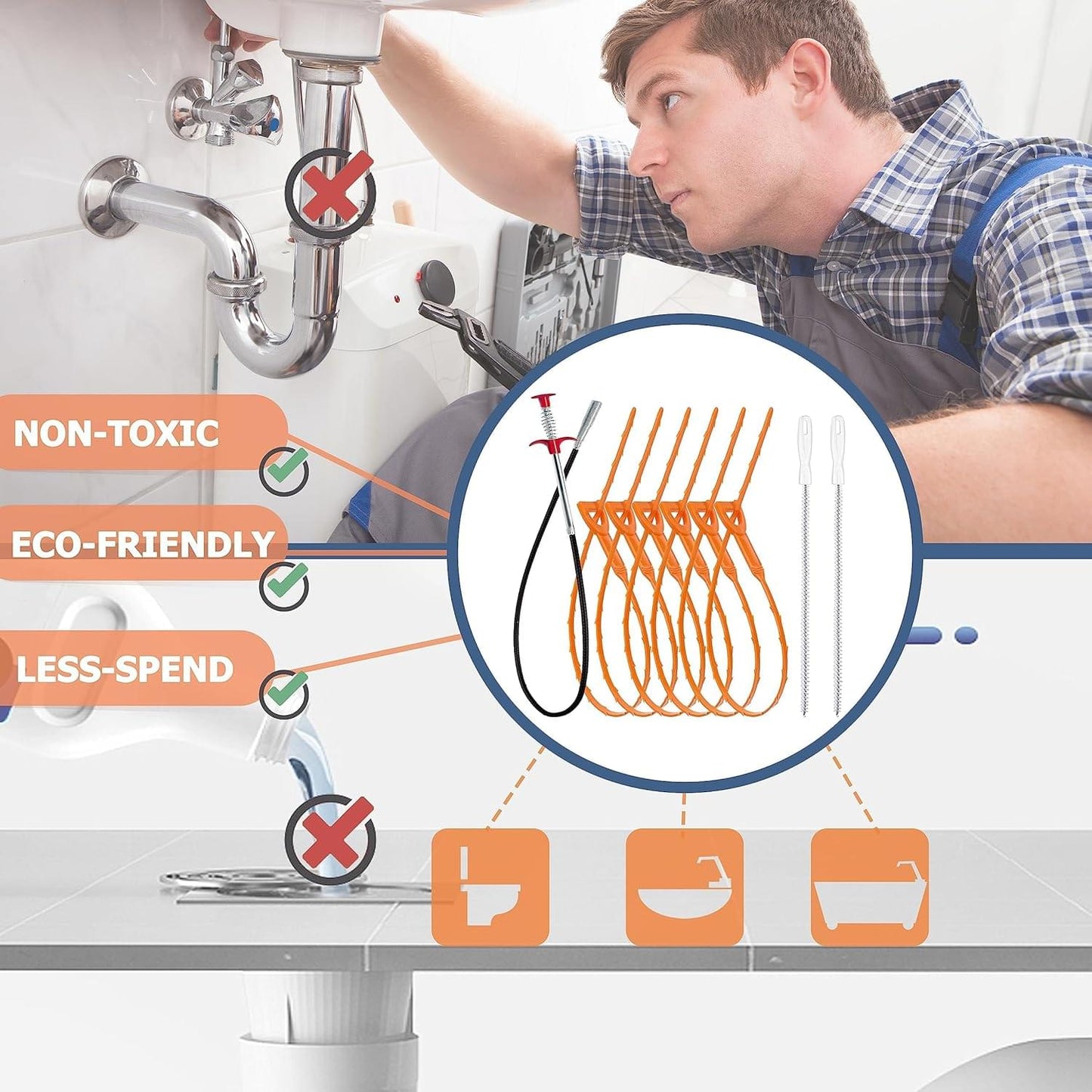 Drain clog remover tool kit with orange coil snake and flexible cable for sink cleaning