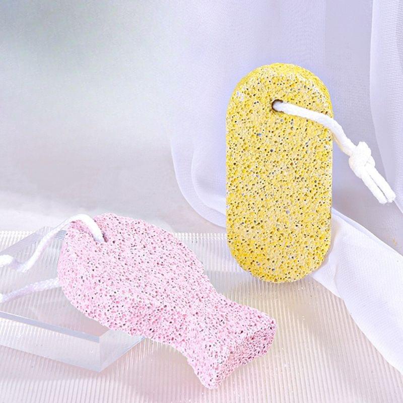 Yellow and pink pumice exfoliating body stones, oval and long fish-shaped with cord