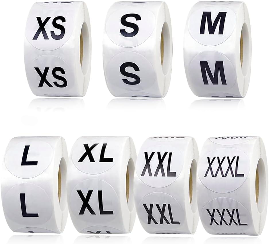 Round clothing size stickers roll with XS, S, M, L, XL, XXL, XXXL labels