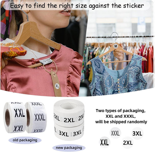 Clothing size stickers on hangers, showing XL and XXL size labels on white tape