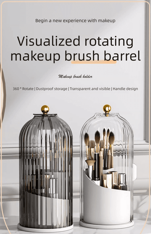 Rotating makeup brush organizer pair with clear dustproof cylinder lids and gold knobs
