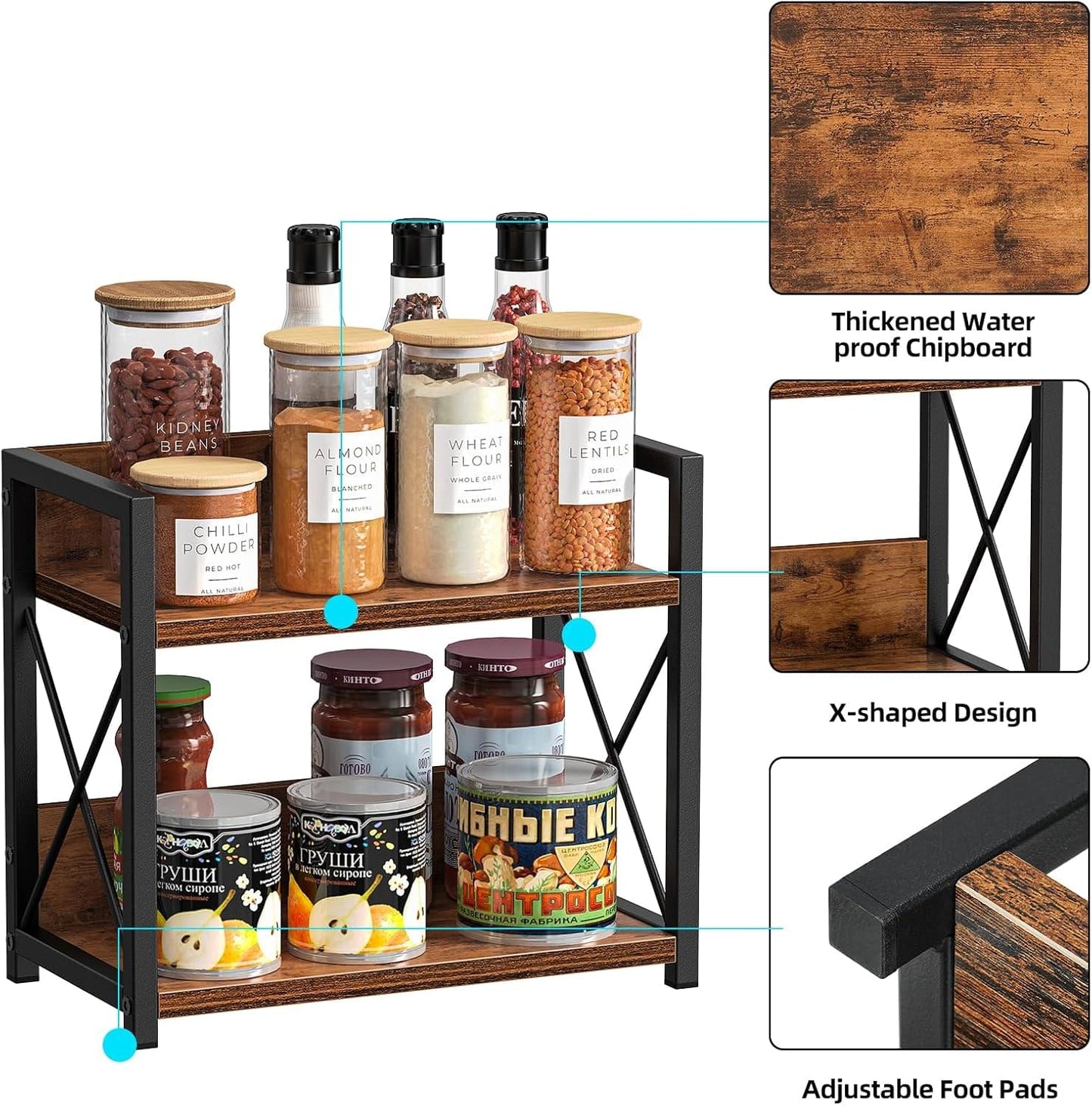 Compact 2-tier spice shelf organizer with rustic wood panel and X-frame legs
