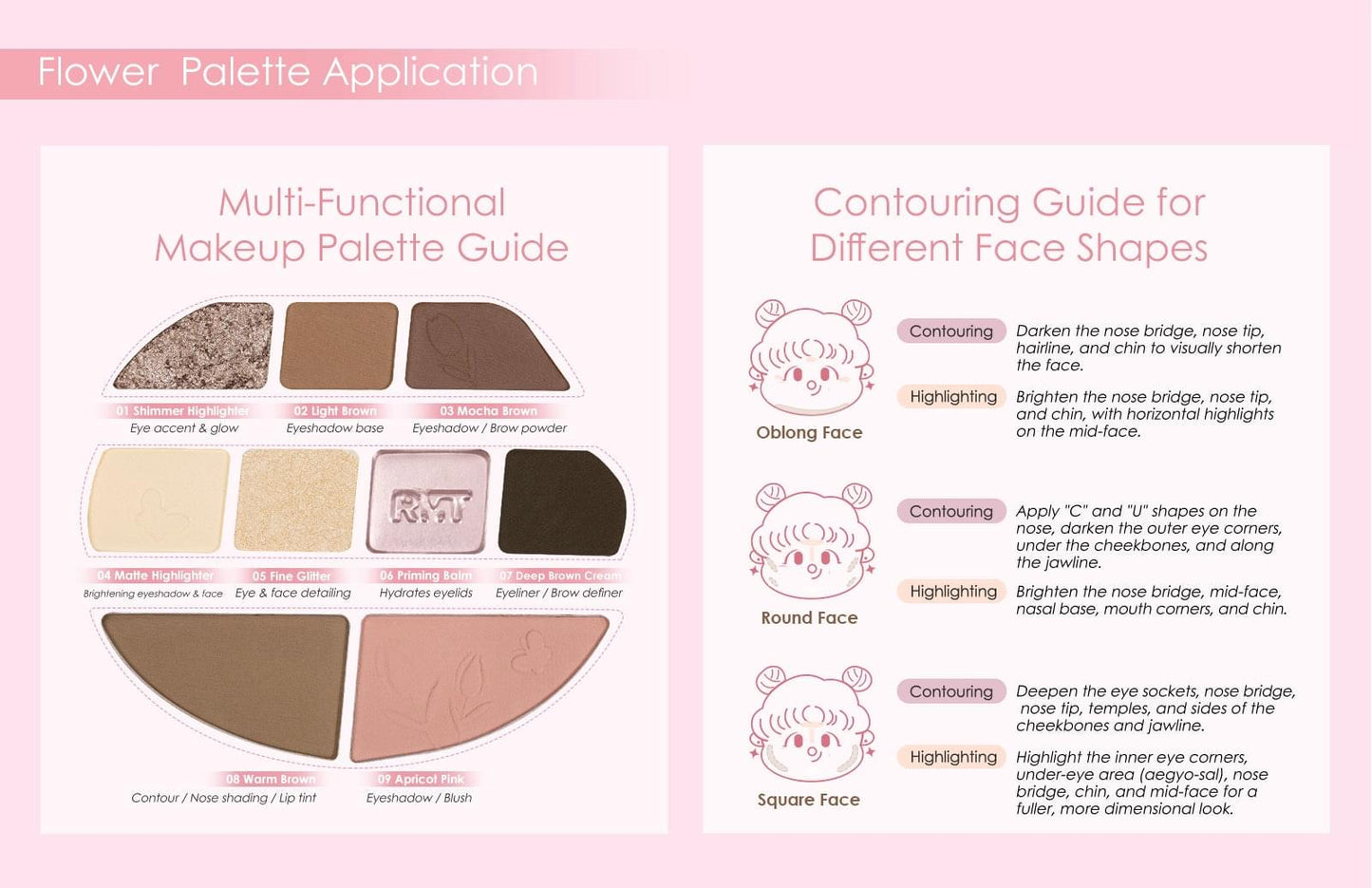 Romantic Beauty 9-color flower palette application guide with contour and highlighting steps