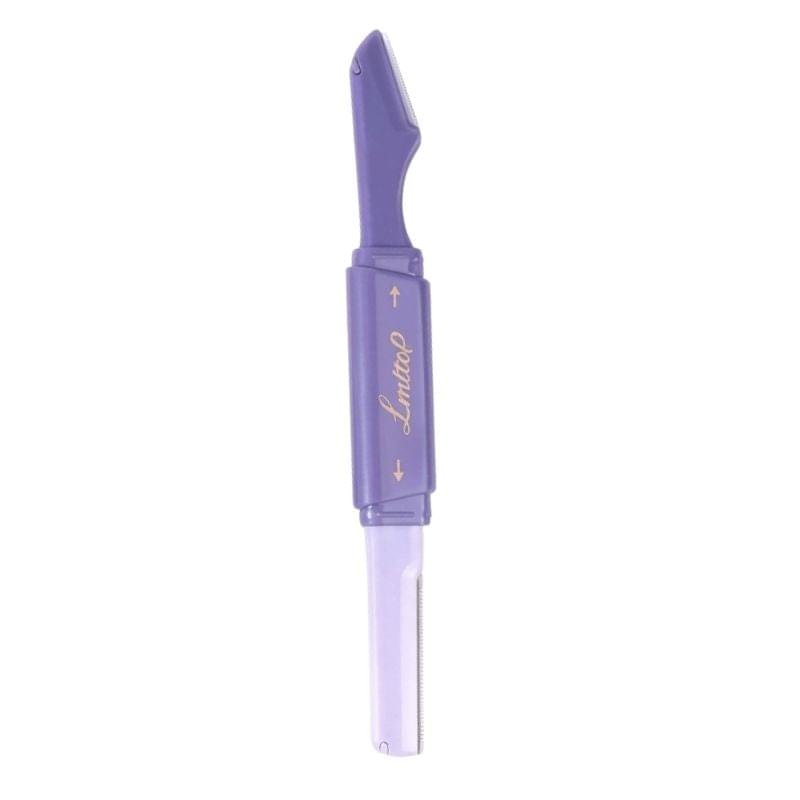 Foldable dual-ended eyebrow razor with purple blade and clear protective handle cover
