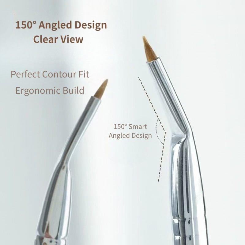 Angled eyeliner brush with slender bristles and ergonomic silver handle