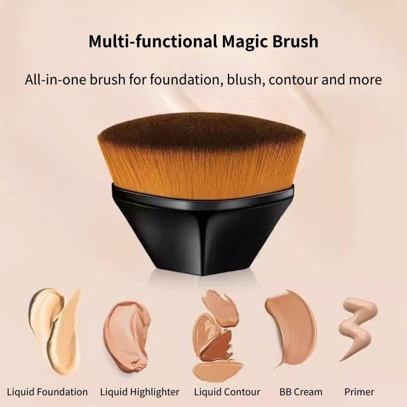 Flat-top makeup brush with dense brown bristles and black base handle