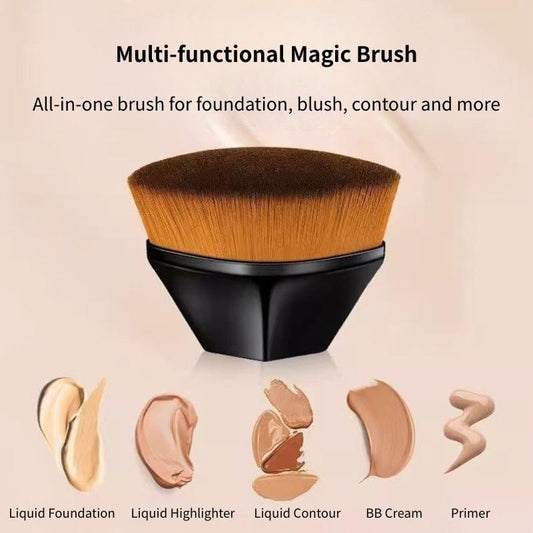 Flat-top makeup brush with dense brown bristles and black base handle