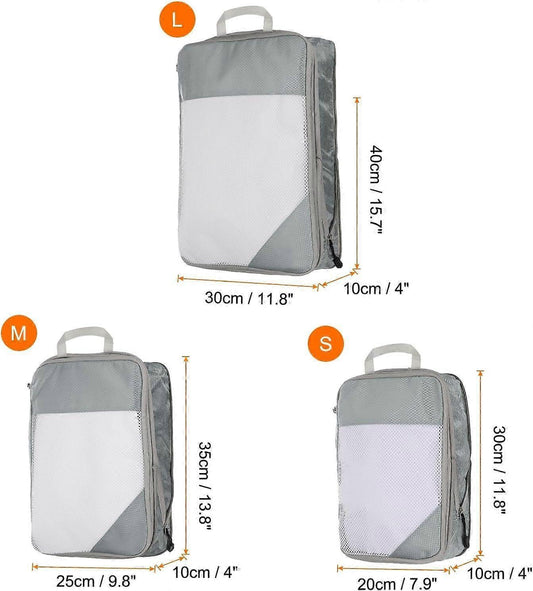 Gray compression packing cubes set showing sizes S, M, and L with mesh front panels