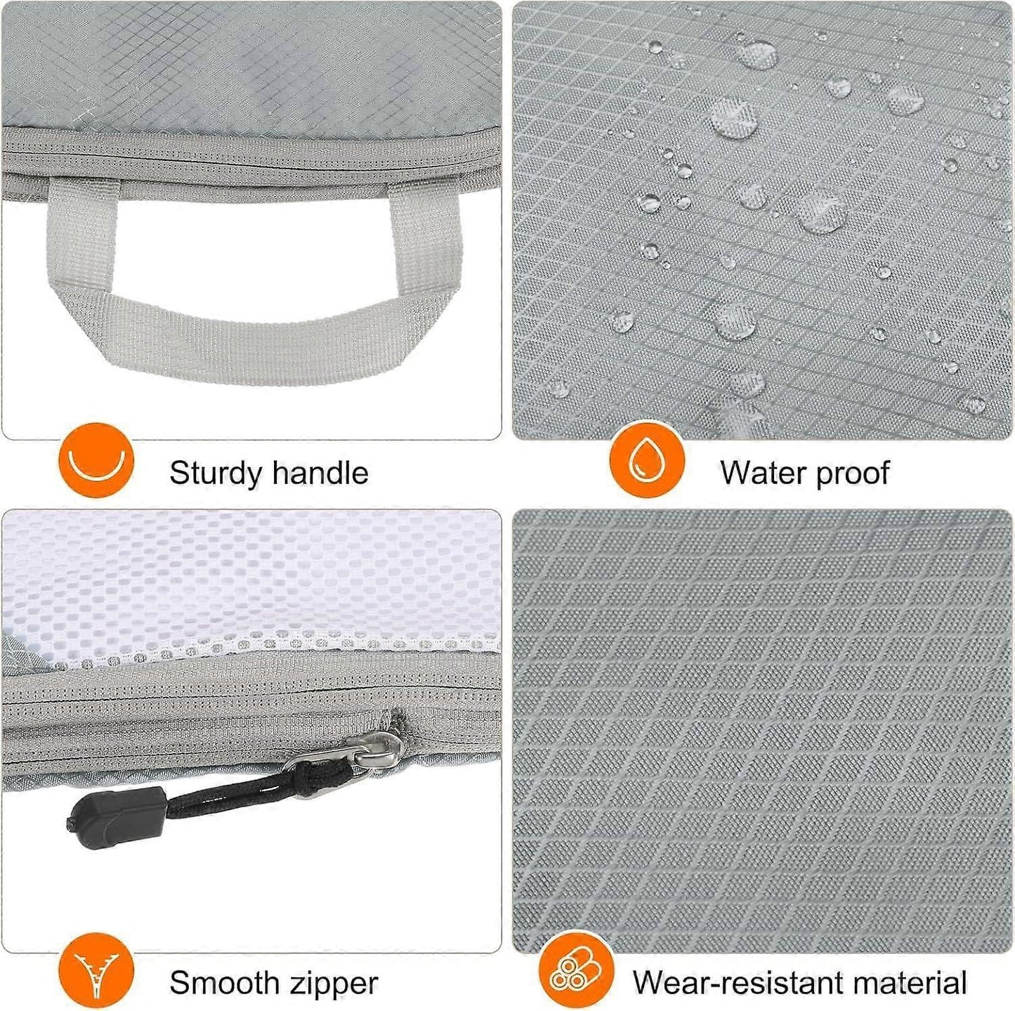 Gray packing cube fabric detail with water-resistant texture, smooth zipper, and sturdy handle