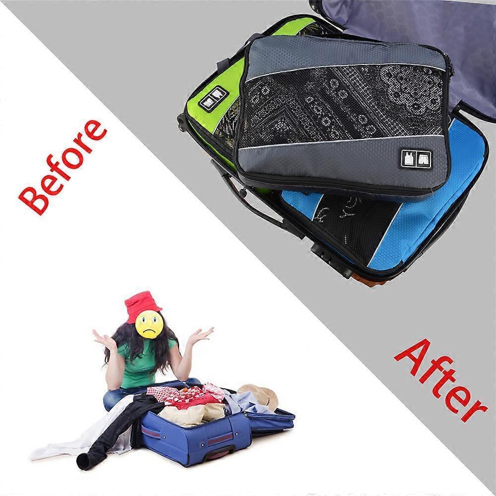 3-piece mesh packing cubes set in suitcase, lime green and black with zipper closure
