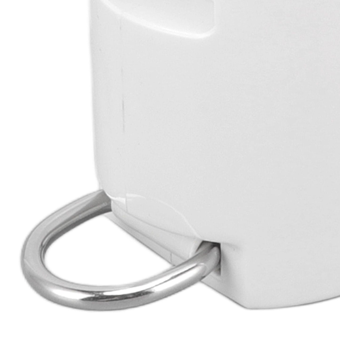 White retractable clothesline anchor housing with silver metal loop and eyelet