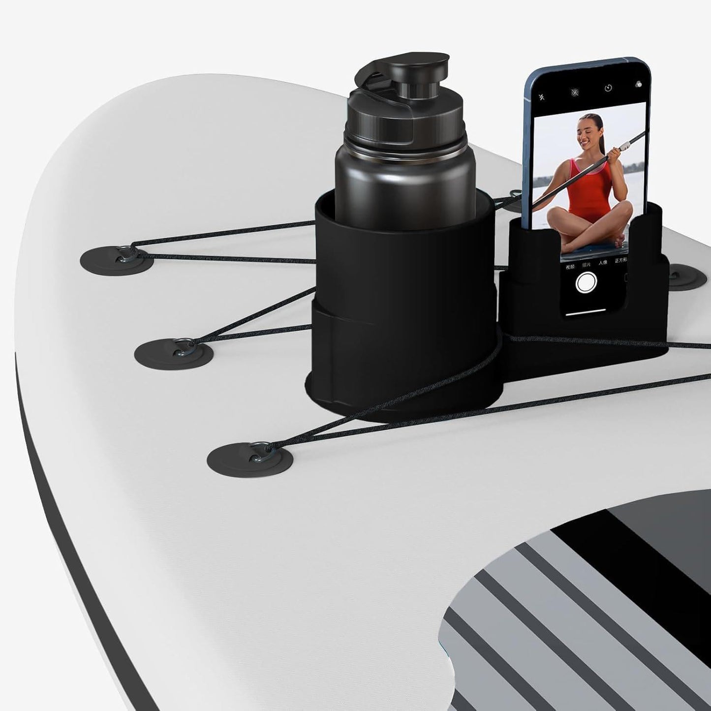 Black paddle board cup holder and phone mount set with bottle holder and cradle