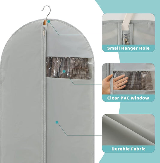 Gray long garment bag details: small hanger hole, clear PVC window, durable fabric.