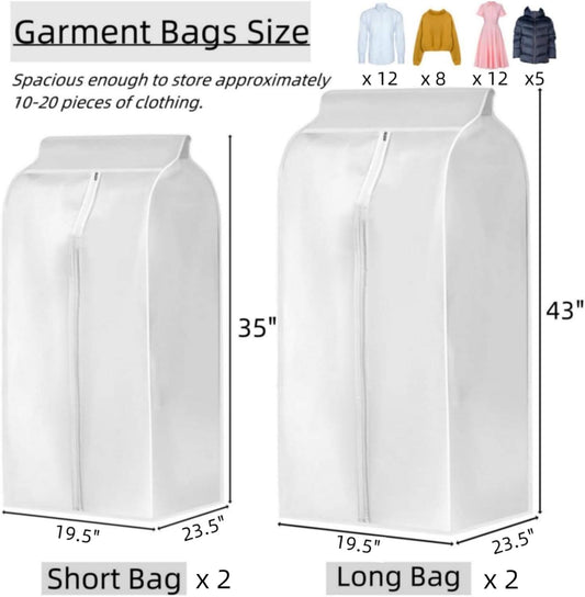 Long and short translucent garment storage bags with front zippers and curved tops