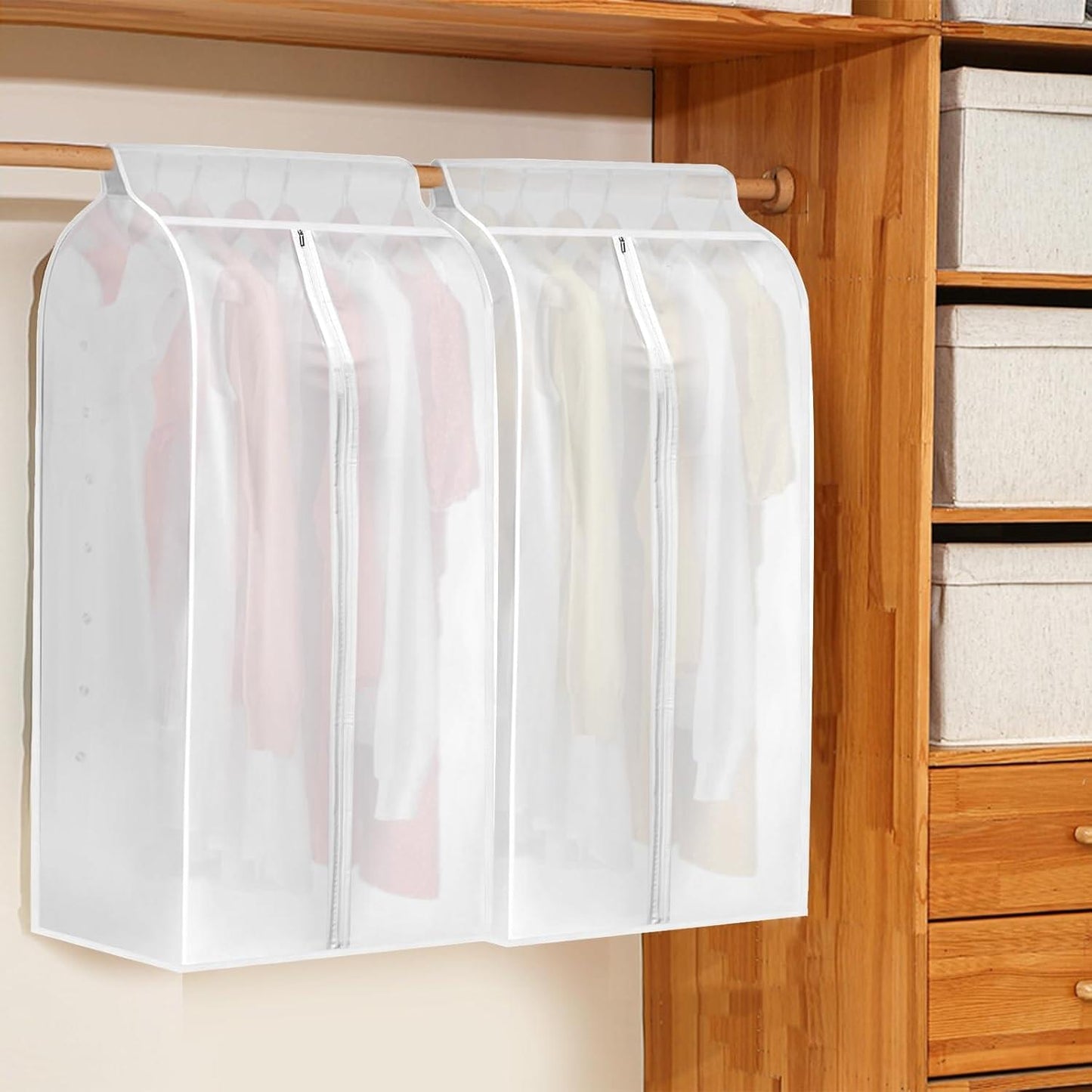 Hanging garment storage bags, translucent white, each with a full-length zipper