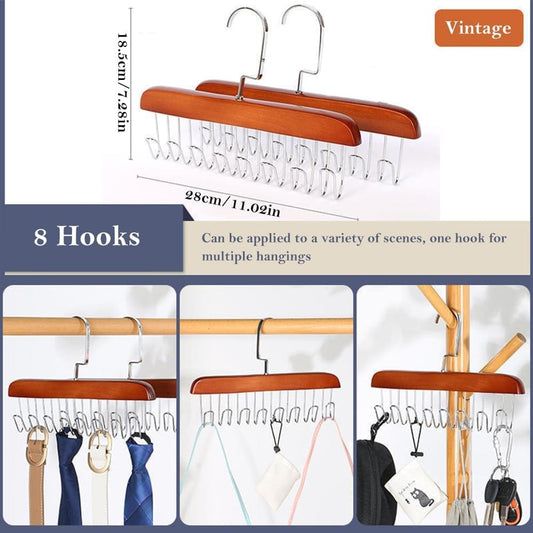 Wood multi-hook hanger with dark brown bar and 8 clear hooks for hanging belts and ties